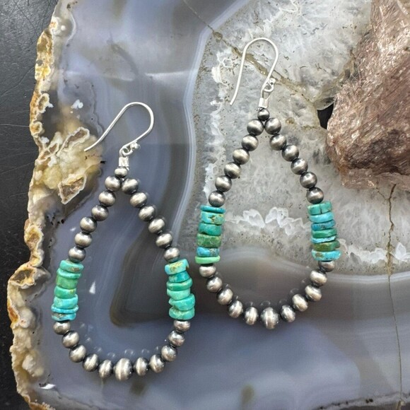 Sterling 4mm Navajo Pearl Southwester Style & 6mm Turquoise Bead Hoop Earrings